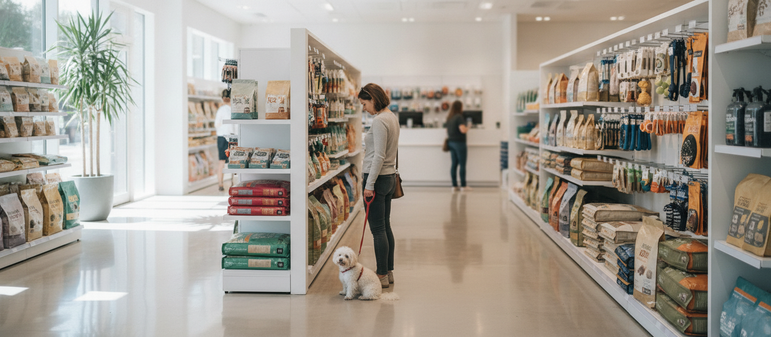 寵物店與網路購物並存的消費情境示意